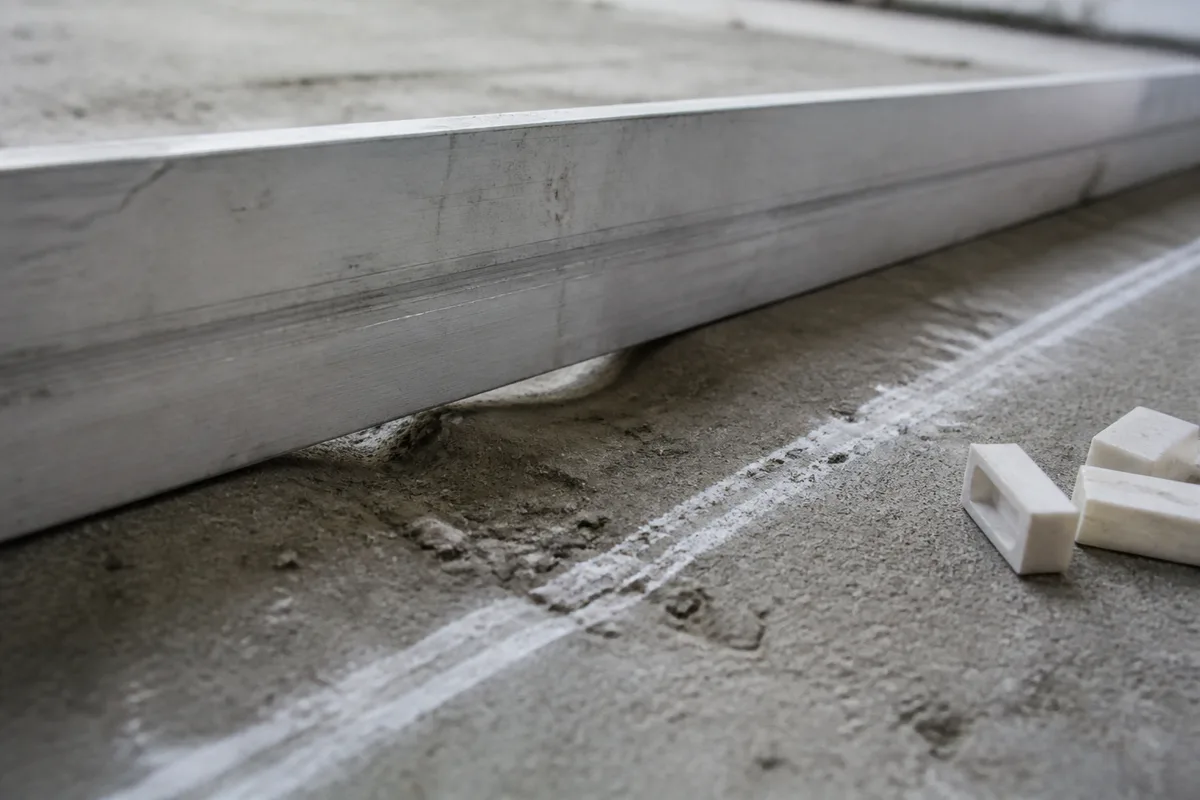 Règle d&rsquo;aluminium de deux mètres posée sur une chape béton, jour visible sous la règle