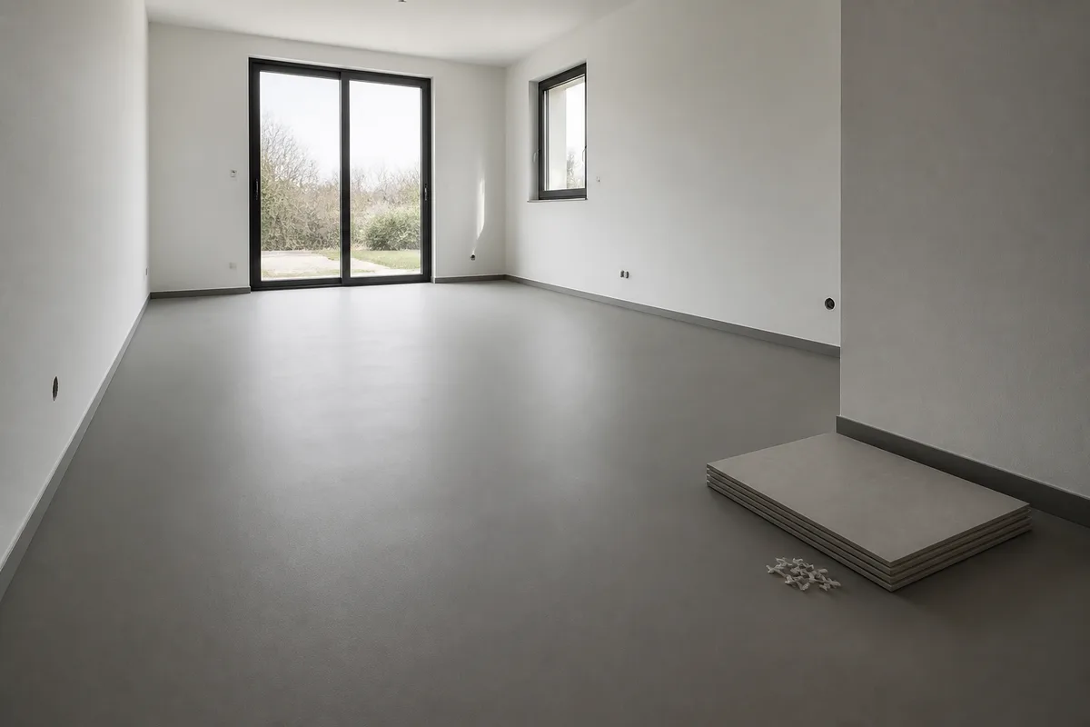 Sol intérieur ragréé, surface grise lisse et uniforme prête à recevoir un carrelage