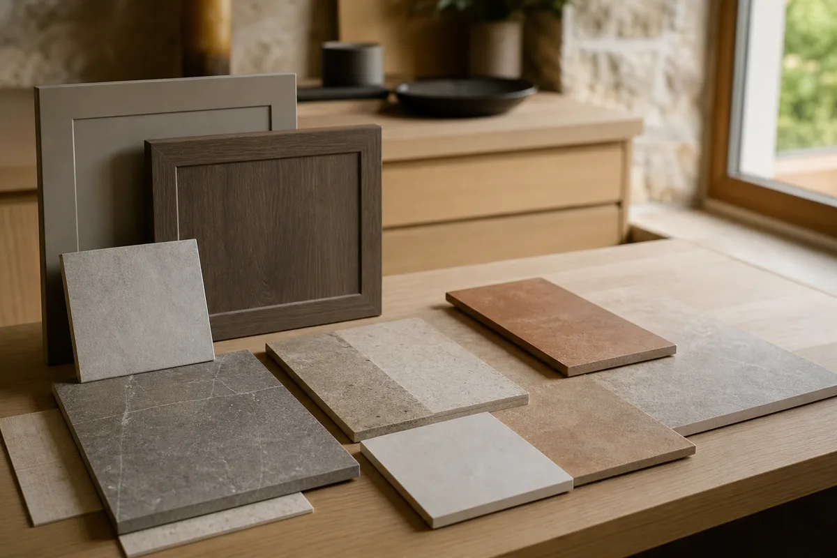 Échantillons de façades de cuisine et carreaux de grès cérame disposés sur un plan de travail en bois clair