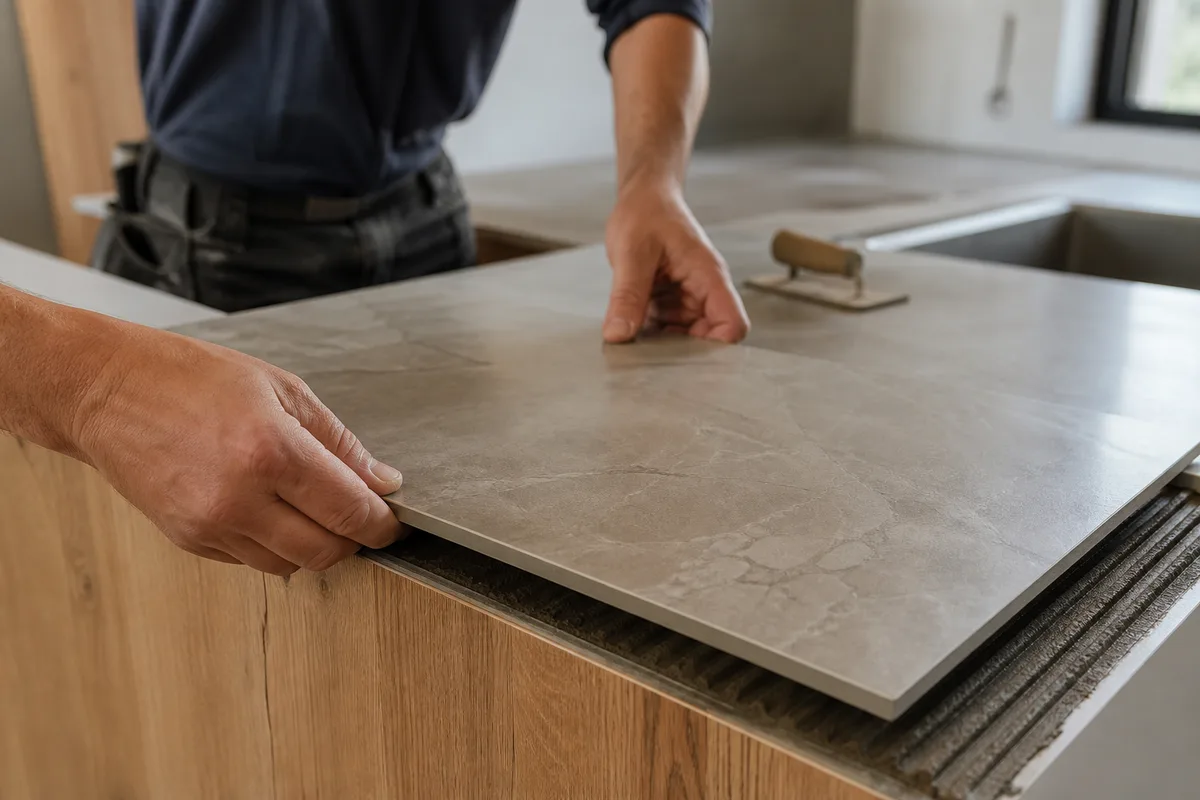 Mains d’un professionnel posant un carreau de grès cérame sur un plan de travail de cuisine en cours d’installation