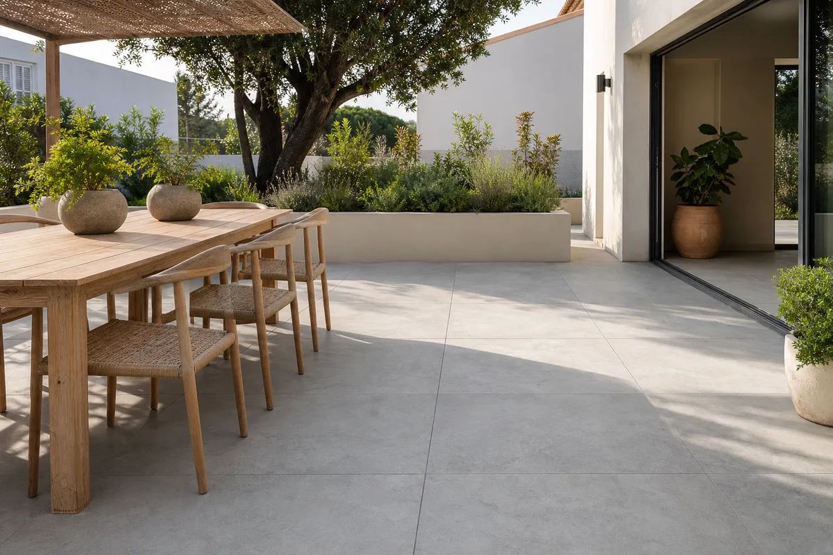 Terrasse en grès cérame gris clair avec mobilier de jardin en bois, lumière du matin