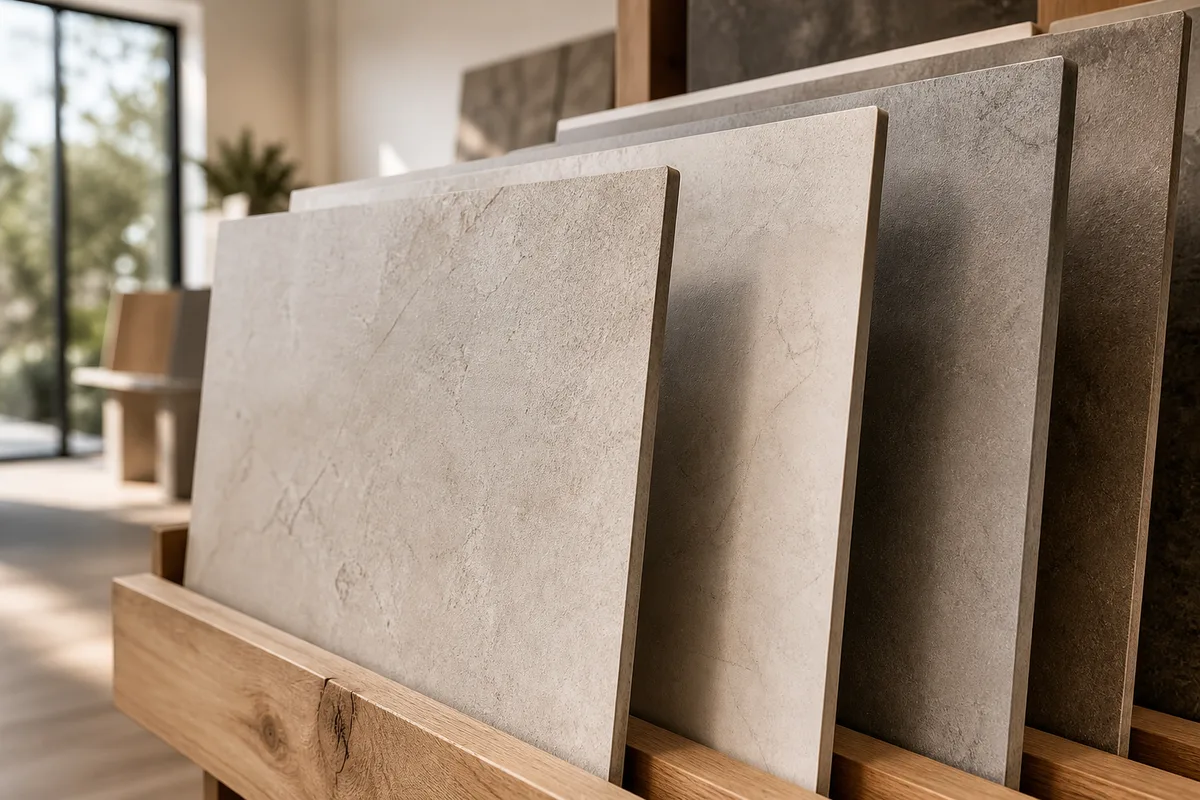 Carreaux de grès cérame grand format posés côte à côte dans un showroom lumineux