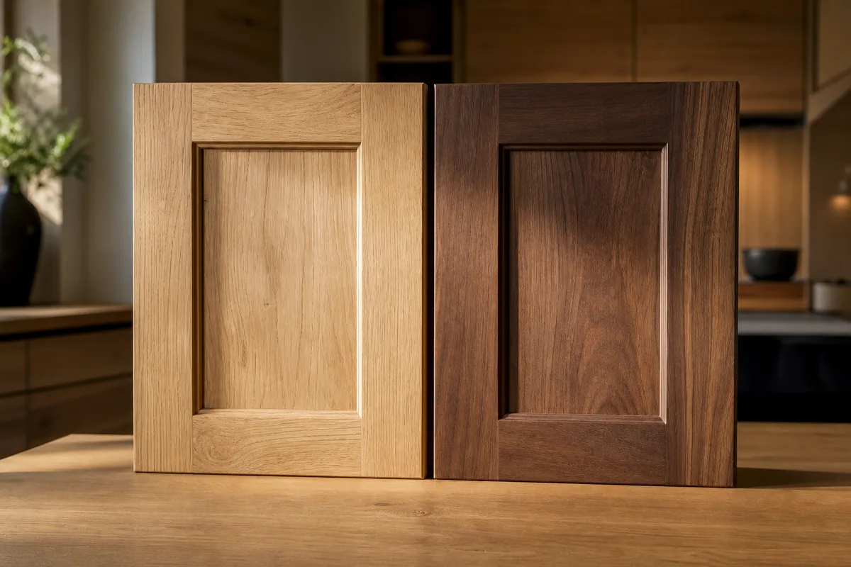 Façades de cuisine en bois massif chêne et noyer présentées côte à côte dans un showroom chaleureux