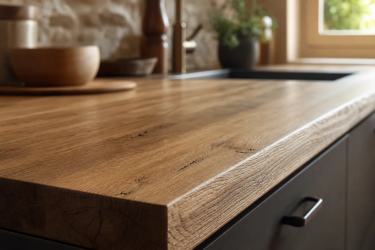 Détail d’un plan de travail associé à des façades de cuisine en bois massif finition huilée