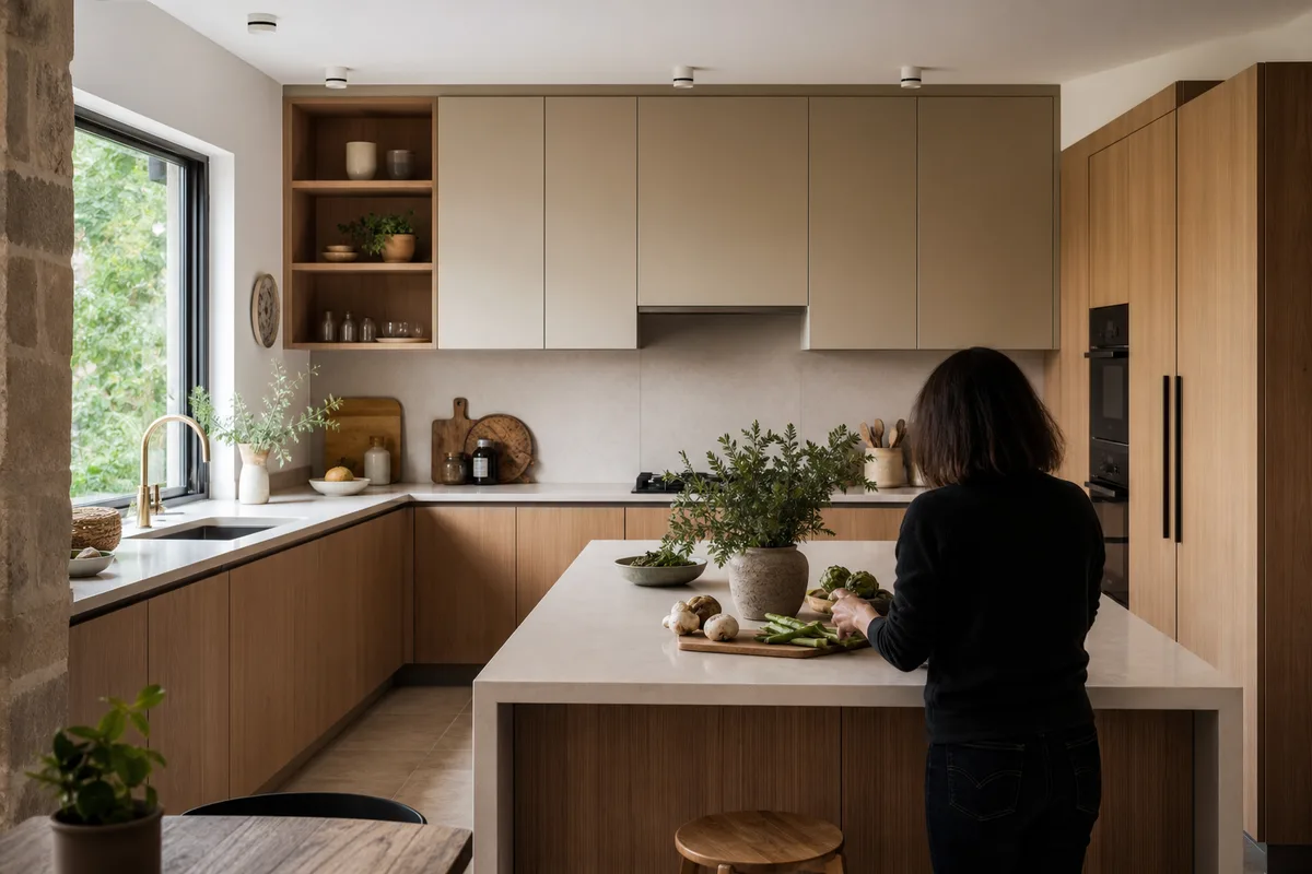 Cuisine équipée en implantation en U avec îlot central et plan de travail clair
