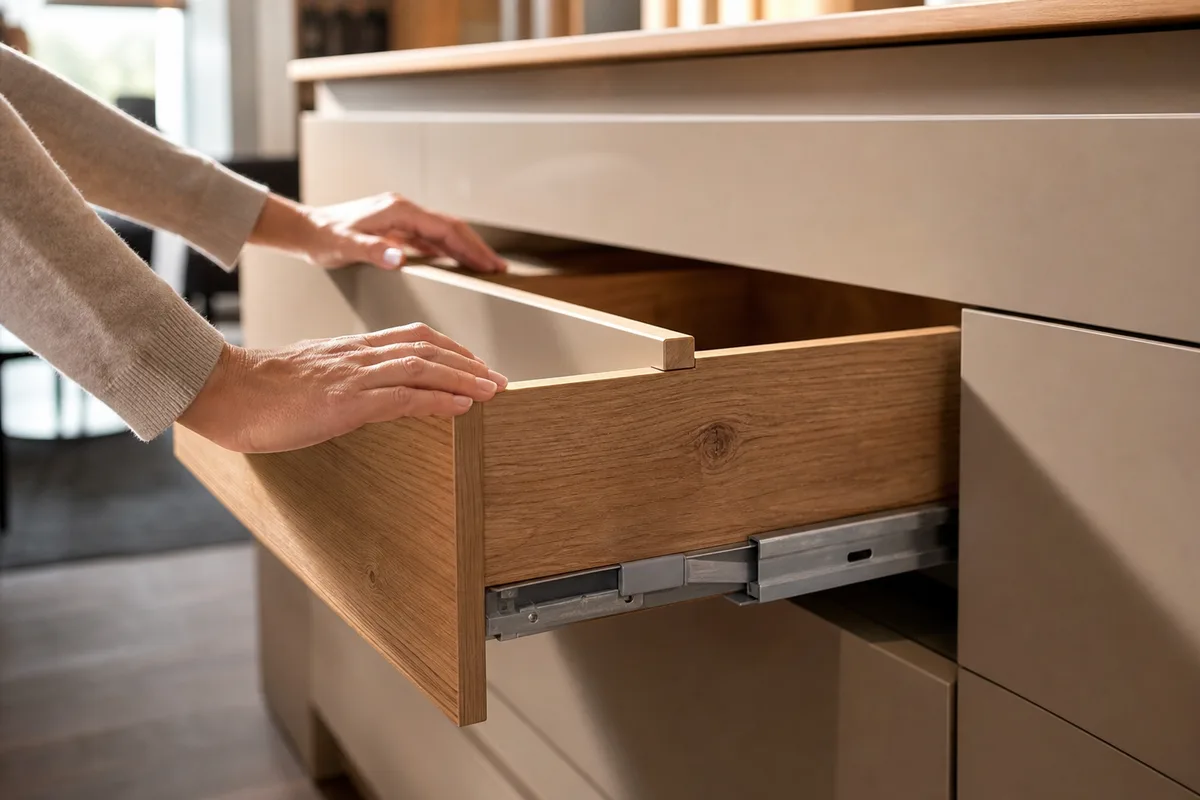 Détail d’un caisson de cuisine avec coulissant à amortisseur et façade laquée