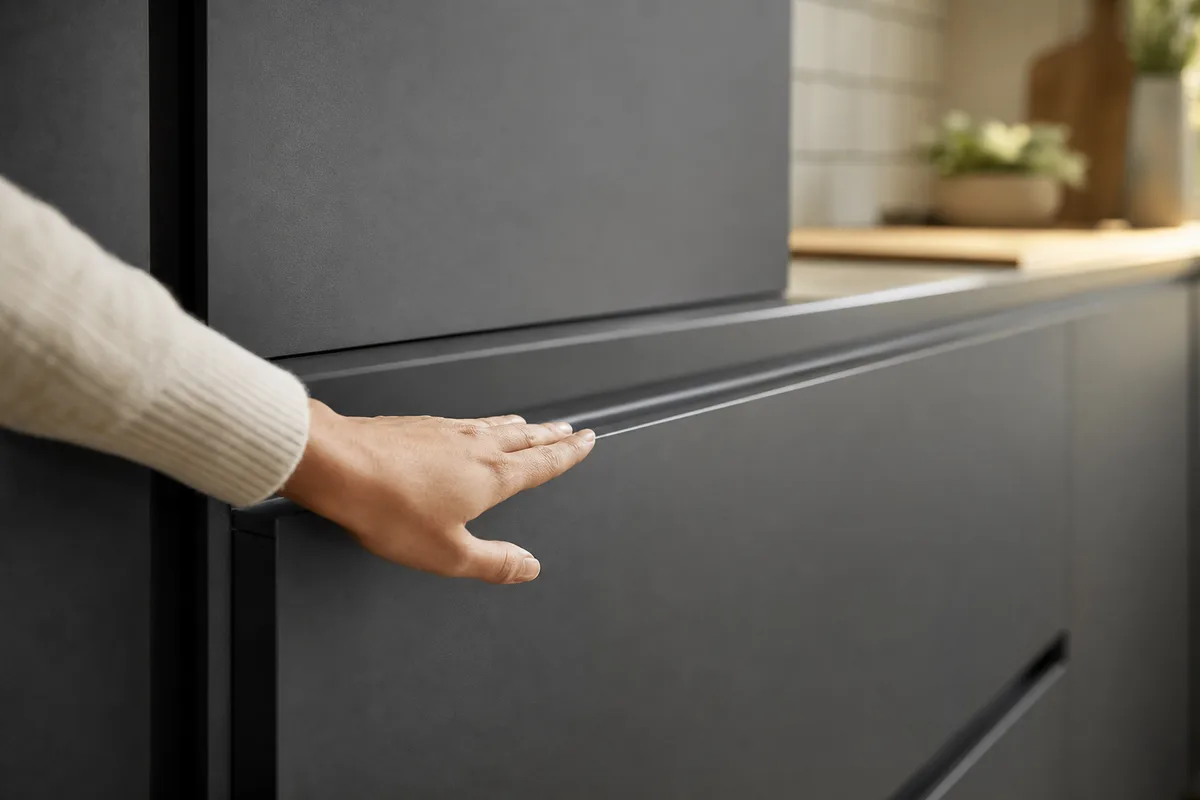 Façade de cuisine mate anthracite avec poignées intégrées et lumière naturelle latérale