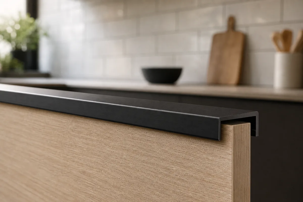 Détail d&rsquo;un profilé aluminium noir mat sur façade de cuisine