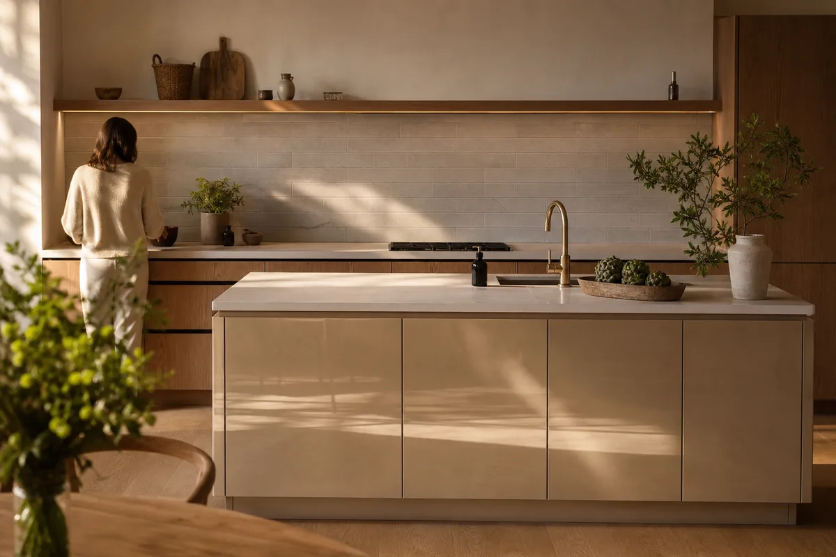 Îlot de cuisine avec façades brillantes métallisées et crédence en carrelage grès cérame