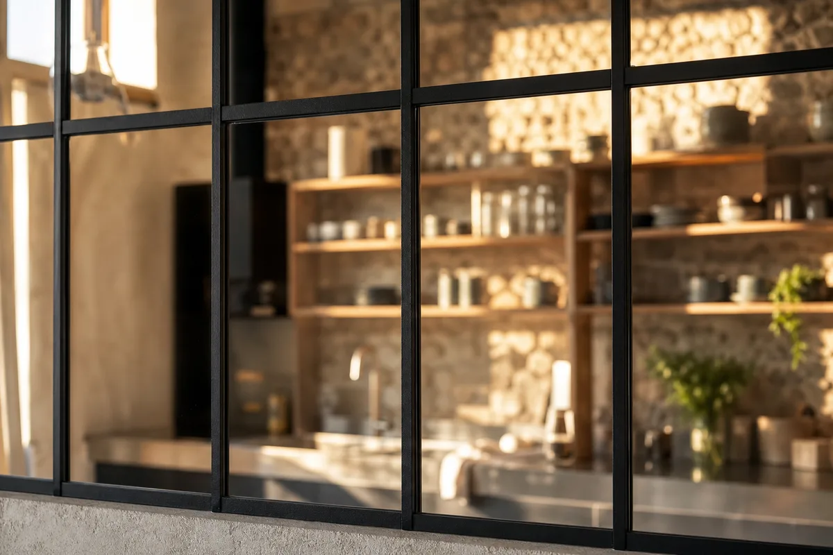 Verrière d’atelier noire séparant une cuisine ouverte d’un séjour, lumière naturelle latérale
