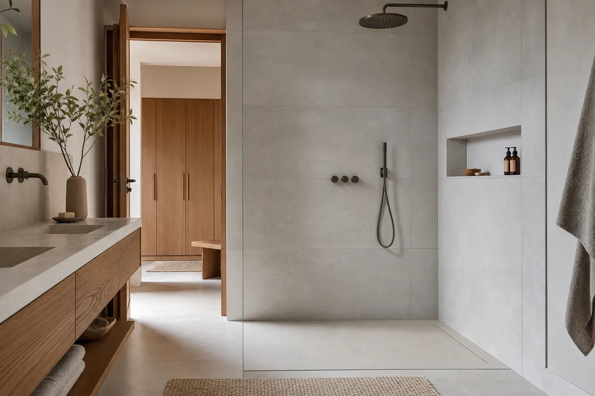 Mur de douche en faïence grand format avec joints fins, lumière naturelle