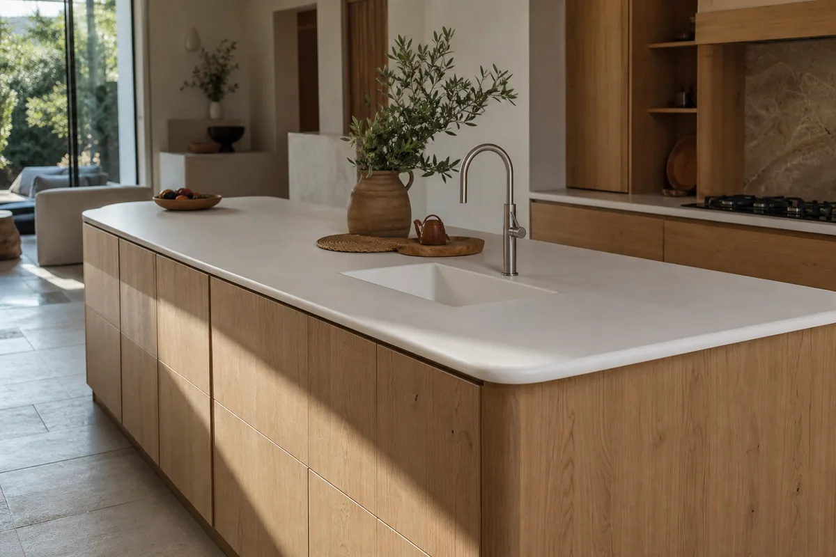 Îlot de cuisine avec plan de travail en Corian blanc aux angles arrondis, lumière naturelle latérale