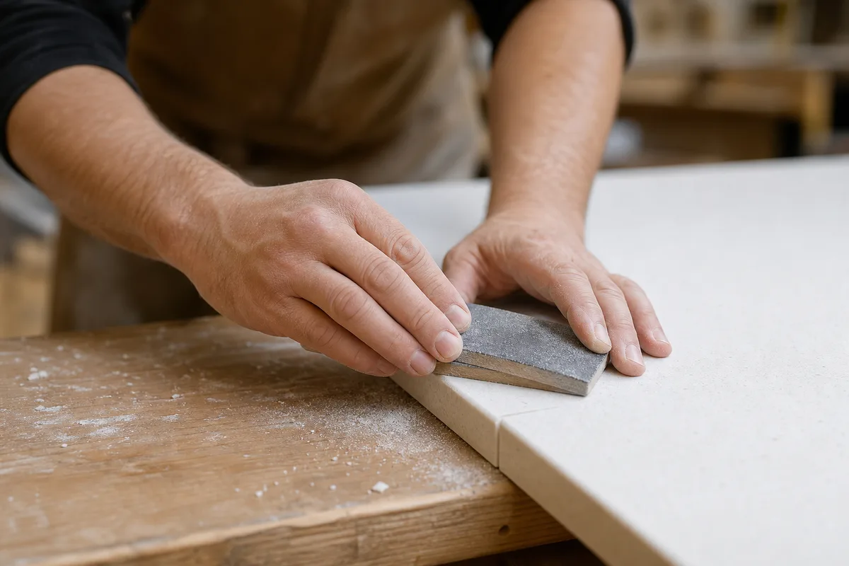 Mains d&rsquo;un professionnel ponçant une jonction de plan de travail en Corian, atelier chaleureux en lumière naturelle