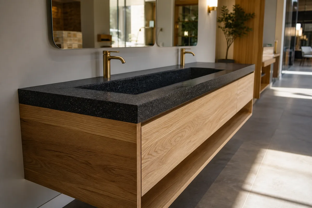 Plan de travail en granit poli avec vasque intégrée dans une salle de bain lumineuse