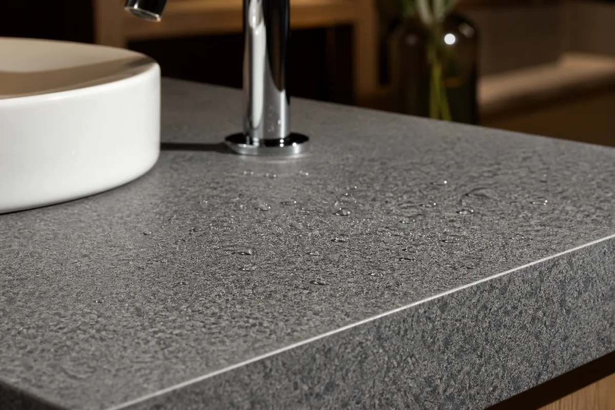 Détail d’un plan vasque en granit gris avec traitement anti-tache et robinetterie