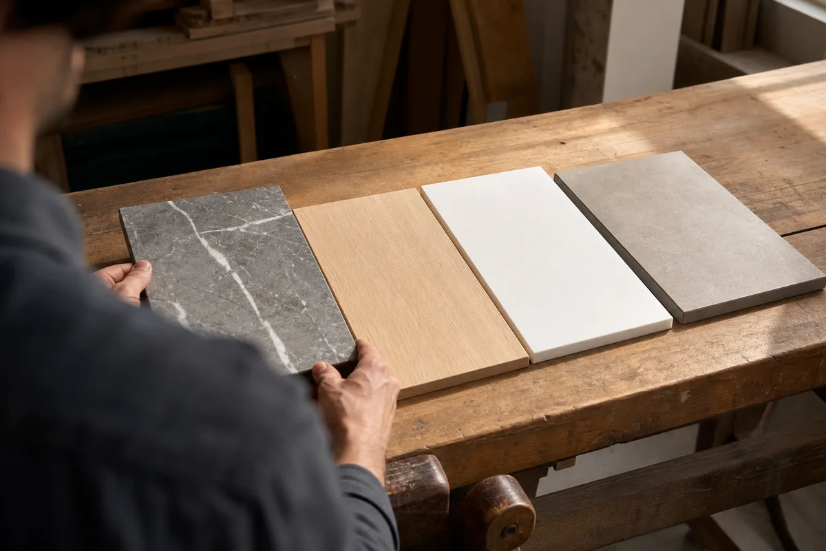 Échantillons de plans de travail en pierre, bois clair et résine posés sur un établi d’atelier