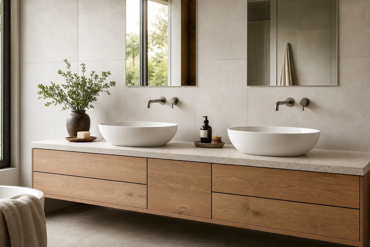 Plan vasque en pierre naturelle et meuble suspendu dans une salle de bain épurée